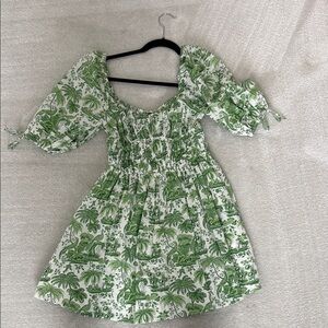 STAUD Botanical Print Mini Dress in Green and White